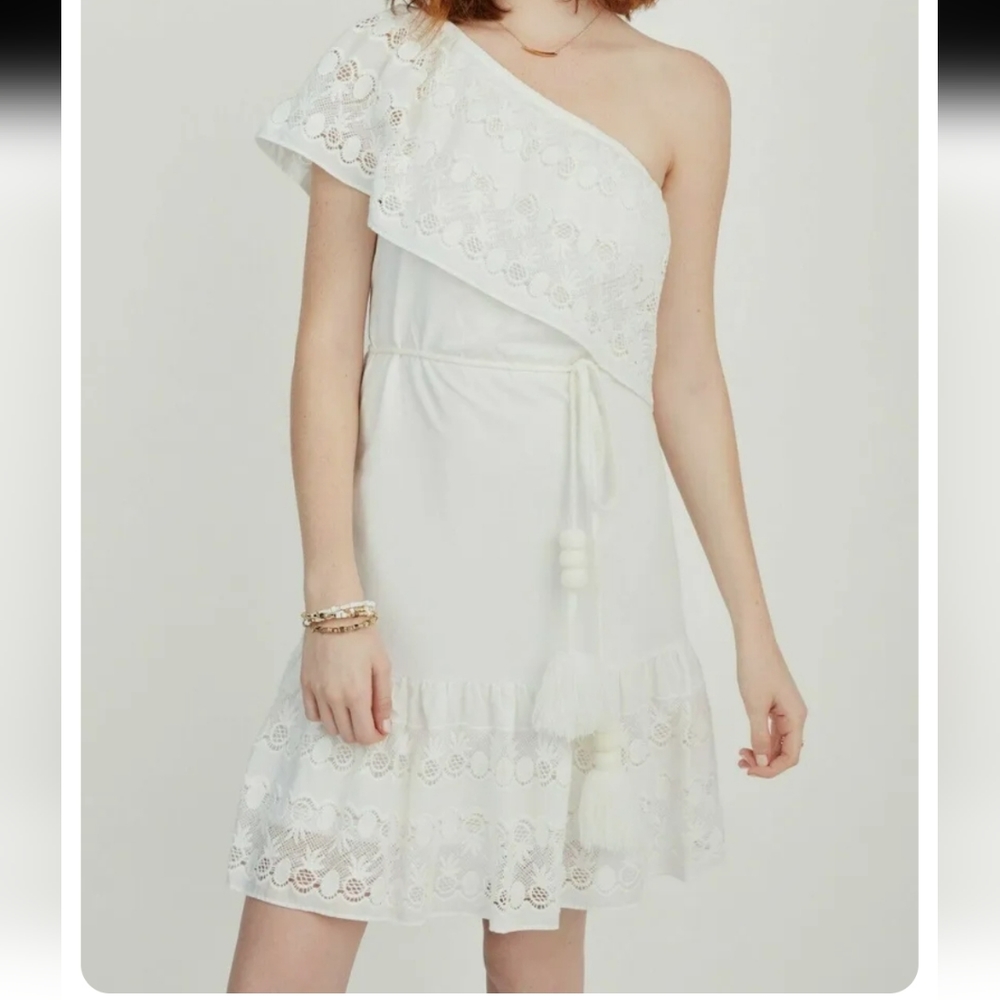 Maette Stella & Dot Embroidered One Shoulder Off White Tassel Belt Dress